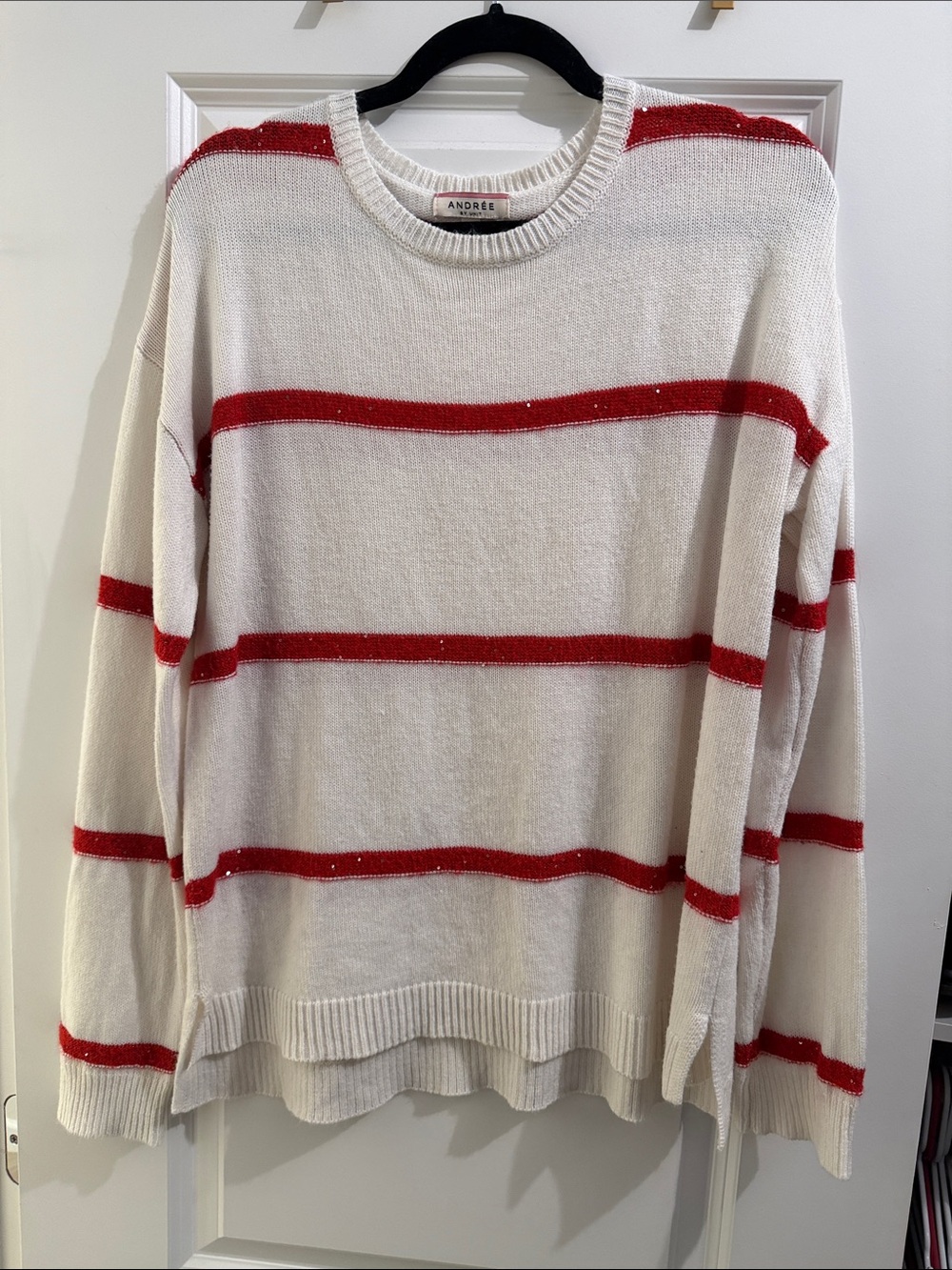 Cream Sweater with Red Stripes